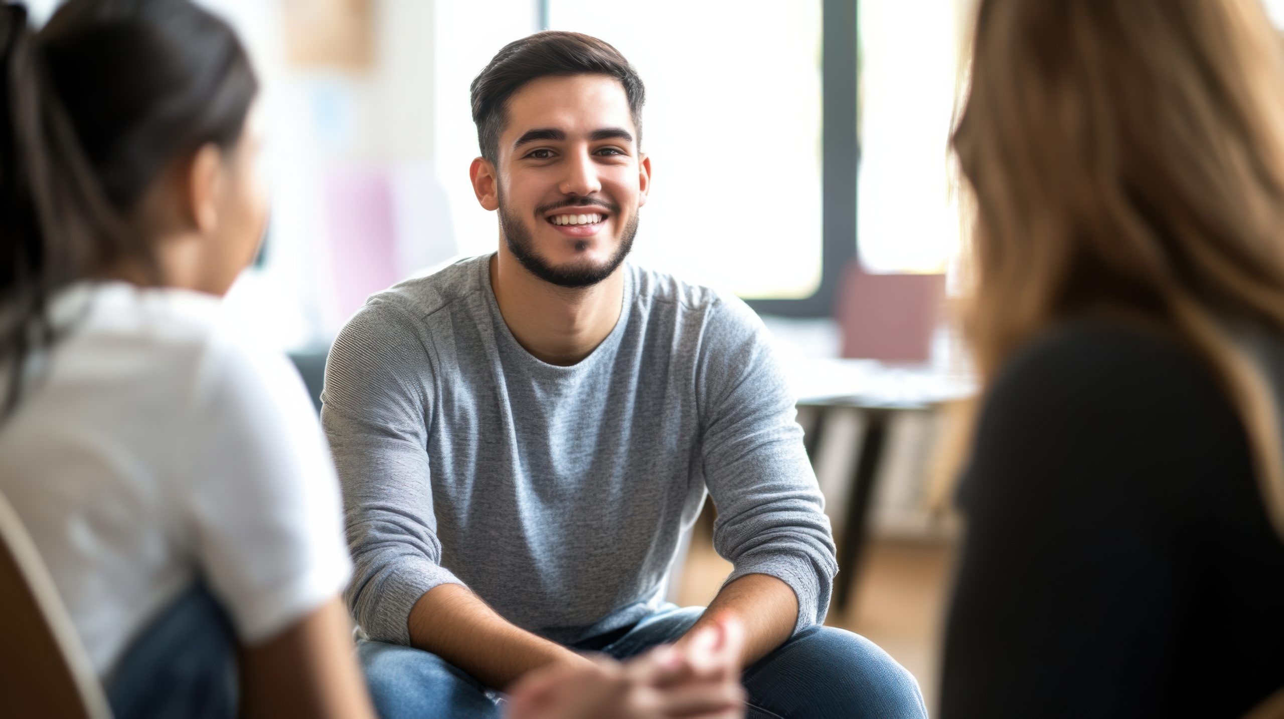 The expression of a social worker providing counseling to at-risk youth in a community center, Symbolizing empathy and support in social services, close-up photography style
